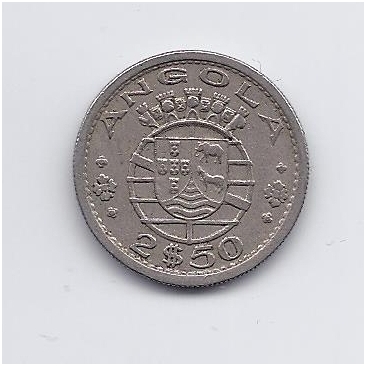 ANGOLA 2.5 ESCUDOS 1967 KM # 77 VF