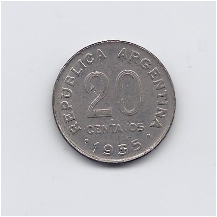 ARGENTINA 20 CENTAVOS 1955 KM # 52 VF