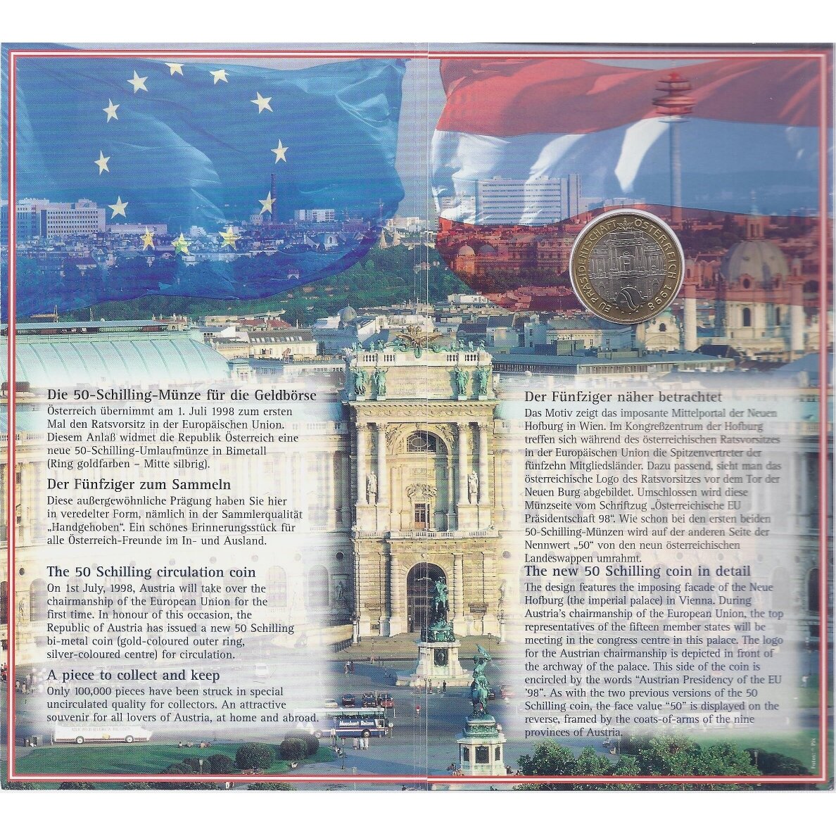 AUSTRIJA 50 SCHILLING 1998 KM # 3050 UNC Pirmininkavimas ES (lankstinukyje) 1