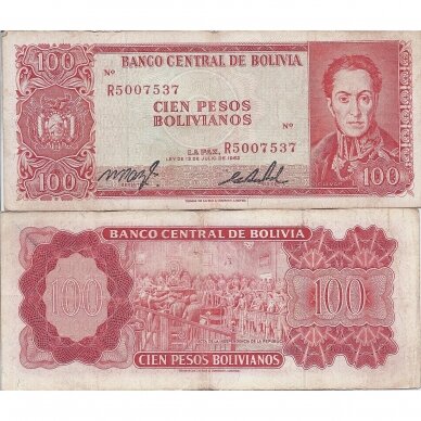 BOLIVIJA 100 PESOS BOLIVIANOS 1962 P # 163 VF