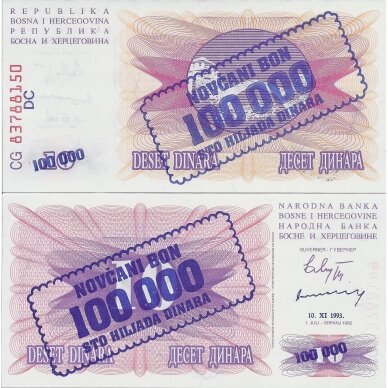BOSNIA AND HERZEGOVINA 100 000 (ON 10 DINARA) 1993 P # 34b UNC