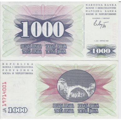 BOSNIA AND HERZEGOVINA 1000 DINARA 1992 P # 15a UNC