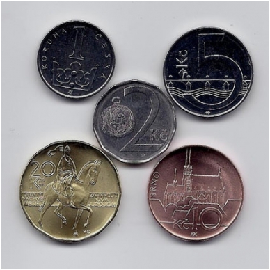 ČEKIJA 5 monetų rinkinukas 1 - 20 korunų (2 korunos iš apyvartos)