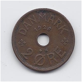 DENMARK 2 ORE 1928 KM # 827 VF