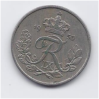 DENMARK 25 ORE 1953 KM # 842.1 VF 1