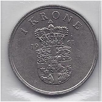 DENMARK 1 KRONE 1961 KM # 851.1 VF