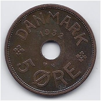 DENMARK 5 ORE 1932 KM # 828.2 VF (cleaned)