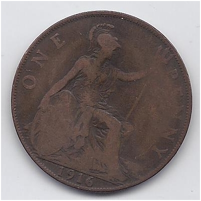 DIDŽIOJI BRITANIJA 1 PENNY 1916 KM # 810 F/VF
