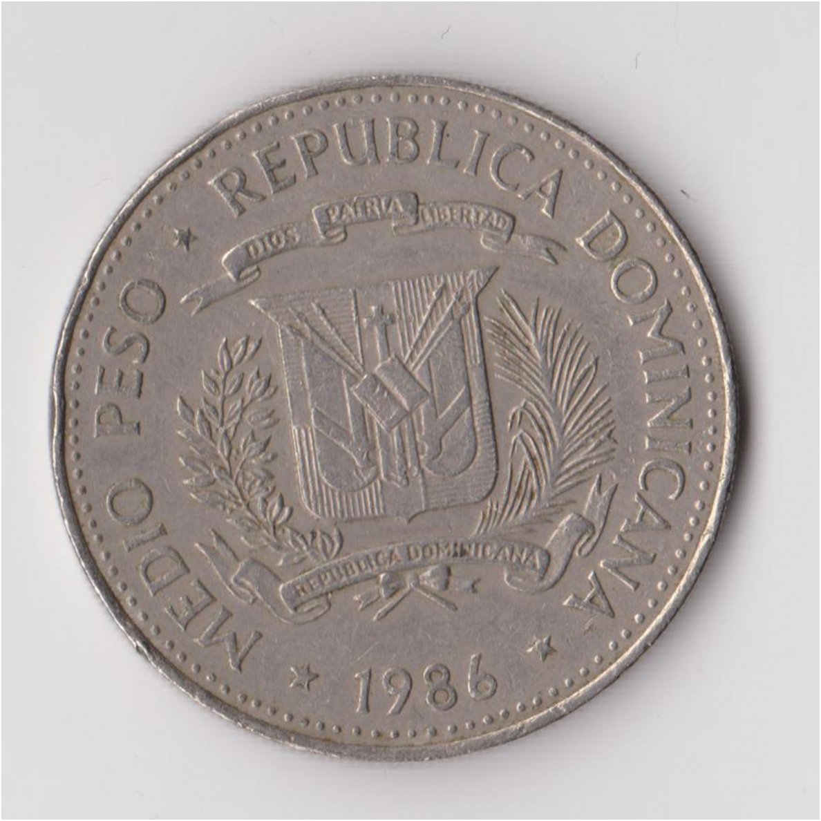 DOMINIKOS RESPUBLIKA 1/2 PESOS 1986 KM # 62.2 F/VF 1