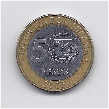DOMINIKOS RESPUBLIKA 5 PESOS 2005 KM # 89 VF