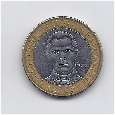 DOMINIKOS RESPUBLIKA 5 PESOS 2005 KM # 89 VF 1