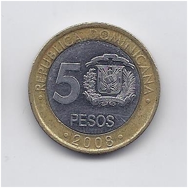 DOMINIKOS RESPUBLIKA 5 PESOS 2008 KM # 89 VF