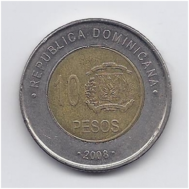 DOMINICAN REPUBLIC 10 PESOS 2008 KM # 106 VF
