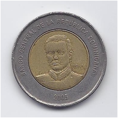 DOMINIKOS RESPUBLIKA 10 PESOS 2005 KM # 106 VF 1