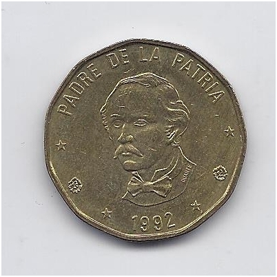 DOMINIKOS RESPUBLIKA 1 PESO 1992 KM # 80.1 VF-XF 1