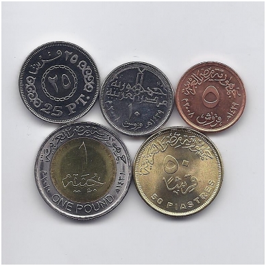 EGYPT 5 COINS SET - 5 , 10 , 25 , 50 PIASTRES + 1 POUND 2008 - 2010 HIGH GRADE