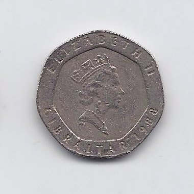 GIBRALTAR 20 PENCE 1988 KM # 16 VF 1