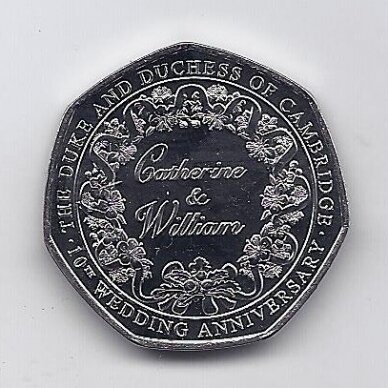GIBRALTAR 50 PENCE 2021 KM # 1809 UNC Catherine & William 10th Anniversary
