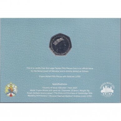 GIBRALTARAS 50 PENCE 2021 KM # new UNC Vestuvių 10-osios metinės (spalvota, kortelėje) 1