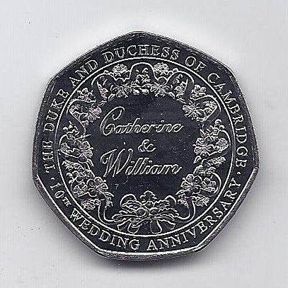 GIBRALTAR 50 PENCE 2021 KM # 1809 UNC Catherine & William 10th Anniversary