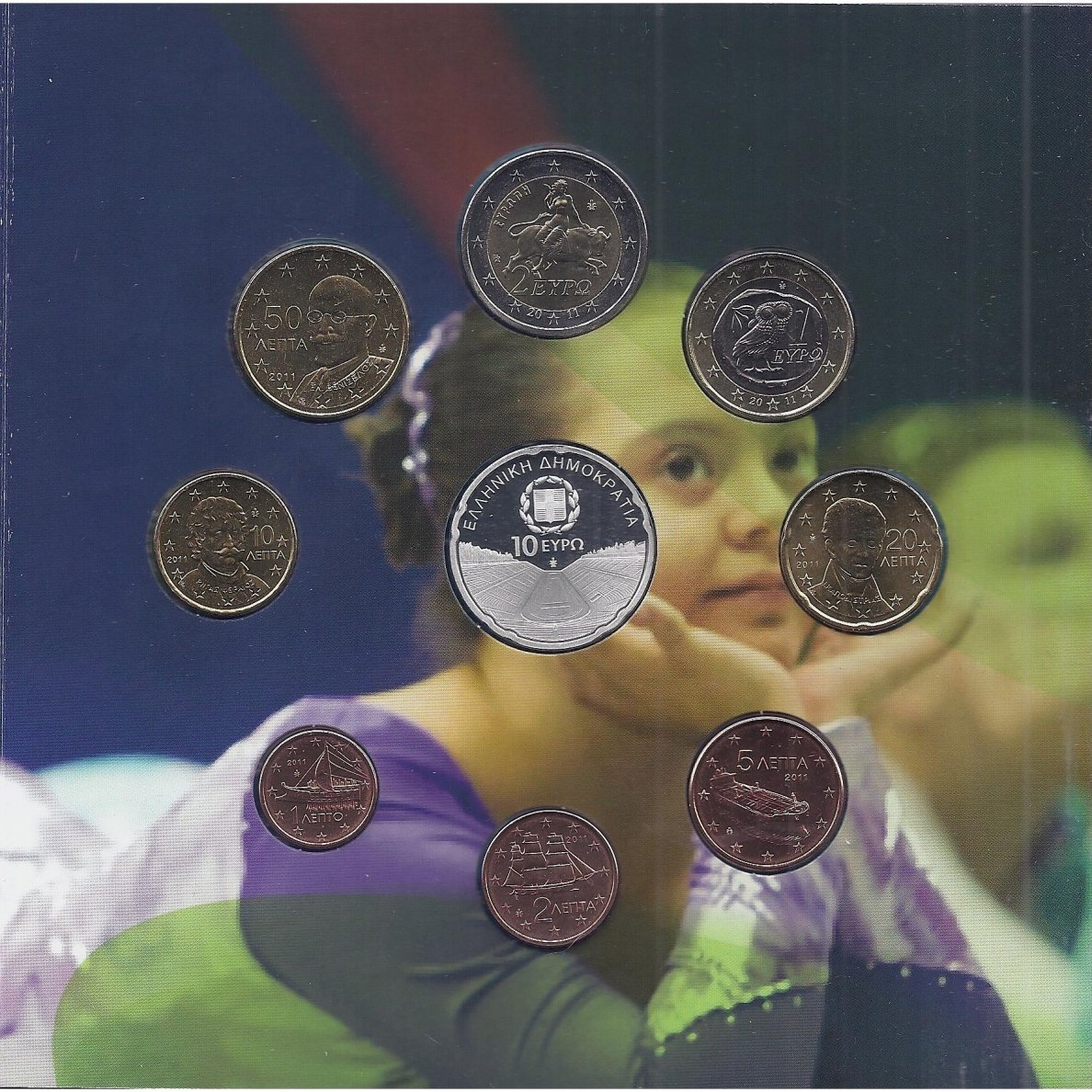 GREECE 2011 OFFICIAL EURO BANK MINT SET WITH A SILVER 10 EURO COINS STADIUM 1