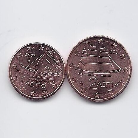 GRAIKIJA 1 ir 2 EURO CENTS 2007 KM # 181 - 182 UNC