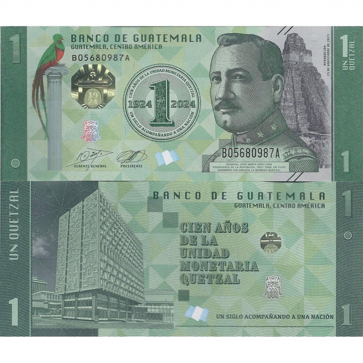 GUATEMALA 1 QUETZAL 2024 P # 129UNC 100 Years of the Quetzal Currency
