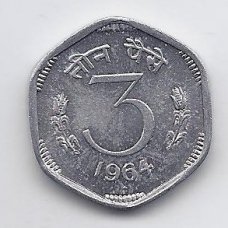 INDIA 3 PAISE 1964 KM # 14 XF/AU
