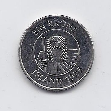 ICELAND 1 KRONA 1996 KM # 27a XF 1