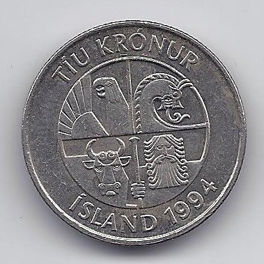 ISLANDIJA 10 KRONUR 1994 KM # 29.1 VF 1