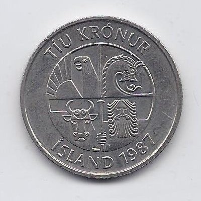 ICELAND 10 KRONUR 1987 KM # 29.1 VF 1