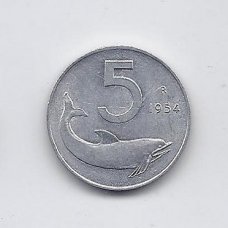 ITALIJA 5 LIRE 1954 KM # 92 VF ITALIJA 5 LIRE 1954 KM # 92 VF