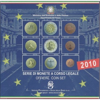 ITALIJA 2010 m. OFICIALUS BANKINIS EURO MONETŲ RINKINYS SU PROGINE 2 EURŲ MONETA (dalis monetų su patina)