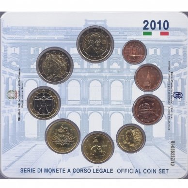 ITALIJA 2010 m. OFICIALUS BANKINIS EURO MONETŲ RINKINYS SU PROGINE 2 EURŲ MONETA (dalis monetų su patina) 1
