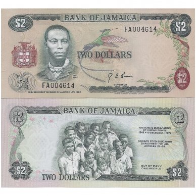 JAMAIKA 2 DOLLARS 1960 P # 58 AU