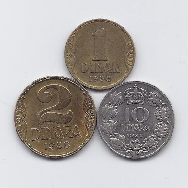 JUGOSLAVIJA 1938 m. trijų monetų ( dinarų ) rinkinukas