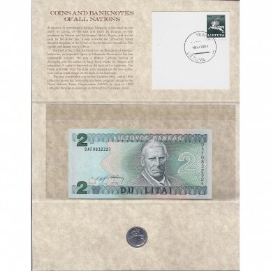 LITHUANIA 2 LITAI 1993 banknote + coin + stamp souvenier folder 1