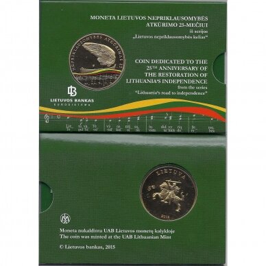 LIETUVA 5 EURO 2015 KM # A215 PROOF-LIKE Nepriklausomybės atkūrimas