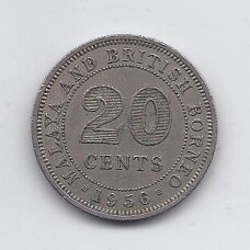 MALAJA IR BRITŲ BORNEO 20 CENTS 1956 KM # 3 VF MALAJA IR BRITŲ BORNEO 20 CENTS 1956 KM # 3 VF