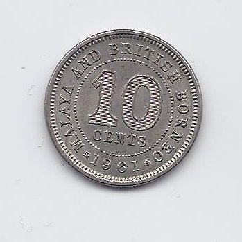 MALAYA & BRITISH BORNEO 10 CENTS 1961 KM # 2 VF