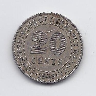 MALAYA 20 CENTS 1948 KM # 9 VF