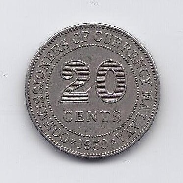 MALAYA 20 CENTS 1950 KM # 9 VF