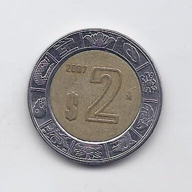 MEKSIKA 2 PESOS 2007 KM # 604 VF