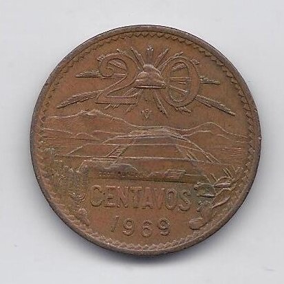 MEXICO 20 CENTAVOS 1969 KM # 440 VF