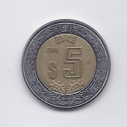 MEXICO 5 PESOS 2011 KM # 605 VF