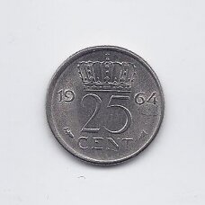NETHERLANDS 25 CENTS 1964 KM # 183 VF/XF NETHERLANDS 25 CENTS 1964 KM # 183 VF/XF