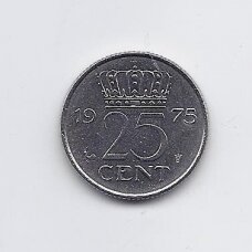 NETHERLANDS 25 CENTS 1975 KM # 183 VF/XF