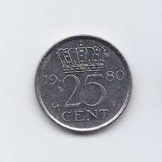 NETHERLANDS 25 CENTS 1980 KM # 183 VF/XF