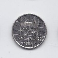 NETHERLANDS 25 CENTS 1986 KM # 204 VF