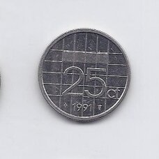 NETHERLANDS 25 CENTS 1991 KM # 204 VF/XF
